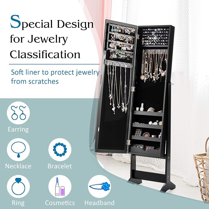 Giantex Jewelry Cabinet with Full-Length Mirror, Standing Jewelry Armoire Organizer with 64 Earring Slots, 72 Ring Slots, 20 Necklace Hooks, 4 Storage Shelves, 3 Angle Adjustable (Black)