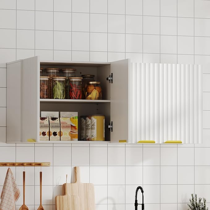 ChooChoo Bathroom Wall Cabinet, Laundry Room Cabinet with 4 Fluted Doors | Kitchen Storage Cupboard Cabinet with Adjustable Shelf, Fluted Wall-Mounted Medicine Cabinet for Kitchen, Garage, White