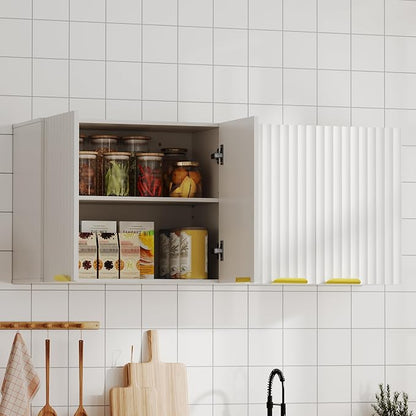 ChooChoo Bathroom Wall Cabinet, Laundry Room Cabinet with 4 Fluted Doors | Kitchen Storage Cupboard Cabinet with Adjustable Shelf, Fluted Wall-Mounted Medicine Cabinet for Kitchen, Garage, White