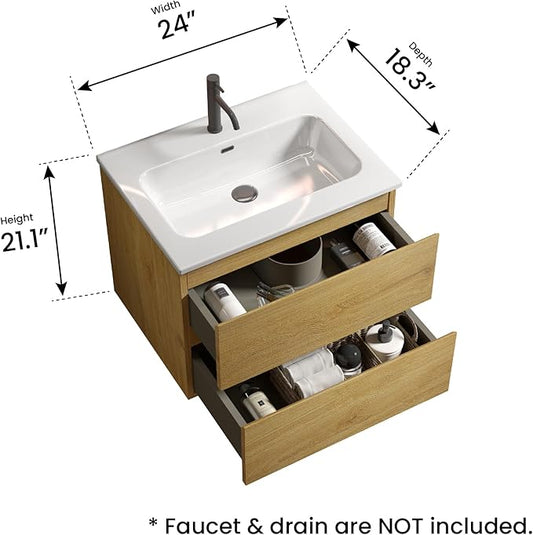 24" Bathroom Vanity with Sink, Modern Floating Vanity with Double Soft Closing Drawers, Large Storage for Small Space, Natural Oak, Fully Assembled - Iris Collection