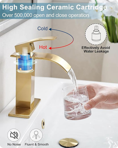 Gold Bathroom Faucet Waterfall, Brass Bathroom Faucets Single Hole or 3 Hole 4 Inch, Single Handle Bathroom Sink Faucet with Deck Plate & Drain