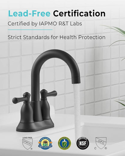 VXV Bathroom Sink Faucet 4 Inch 2 Handle Vintage Antique Lavatory Vanity Mixer Tap 360 Rotating with Pop-up Drain and Water Hoses Matte Black