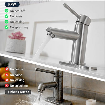 Brushed Nickel Bathroom Sink Faucets Single Hole Single Handle Stainless Steel Bathroom Faucet RV Faucet Deck Mount 1 Hole or 3 Holes with Pop-up Drains with Overflow