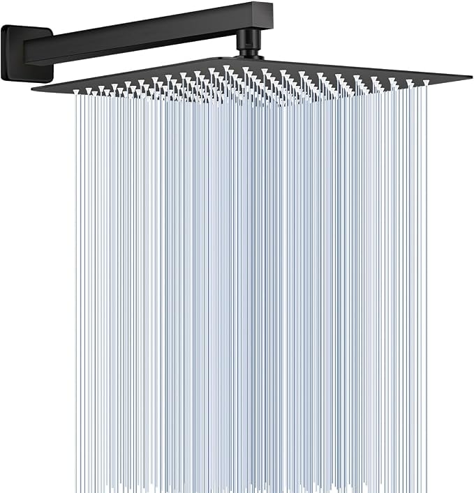 All Metal Matte Black Rainfall Shower Head with Extension Arm, 12" Large Rain Square Showerhead with 16" Long Shower Arm Stainless Steel, 144 Silicone Nozzles Waterfall Full Body Coverage