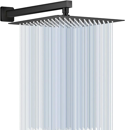 All Metal Matte Black Rainfall Shower Head with Extension Arm, 12" Large Rain Square Showerhead with 16" Long Shower Arm Stainless Steel, 144 Silicone Nozzles Waterfall Full Body Coverage