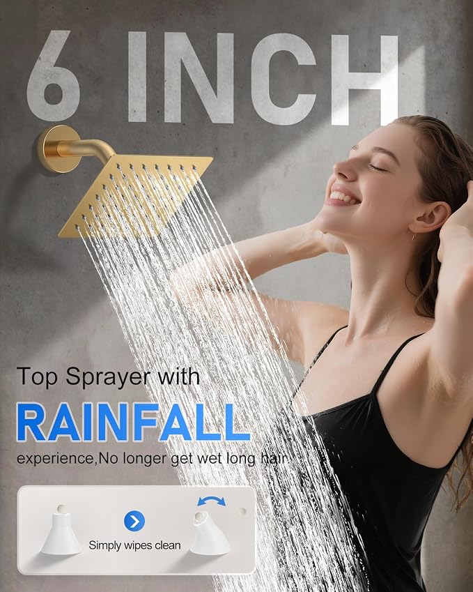 Woindo 4 Function Shower Faucet Set 12" Rain Shower Head/6'' Side Shower Head and 3 Setting Handheld Ceiling Mount Push Button Diverter Complete Rainfall Round Shower System Included Valve Trim Kit