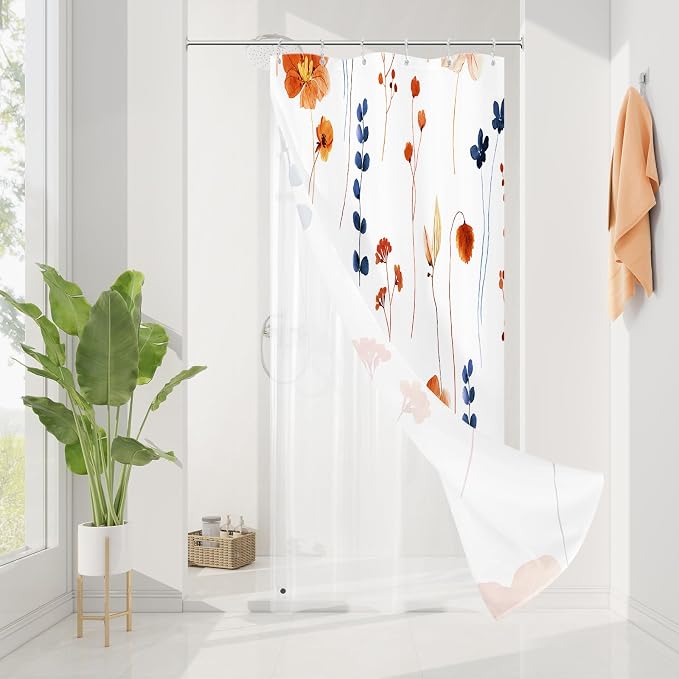 Small Stall 3 in 1 Shower Curtain Set, Orange Navy Watercolor Floral Bath Curtain and PEVA Liner Set with 12 Double Sided Steel Hooks, Waterproof Fabric Bathroom Curtain 36x72