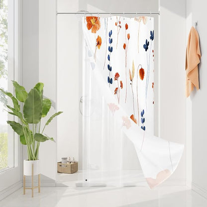 Small Stall 3 in 1 Shower Curtain Set, Orange Navy Watercolor Floral Bath Curtain and PEVA Liner Set with 12 Double Sided Steel Hooks, Waterproof Fabric Bathroom Curtain 36x72