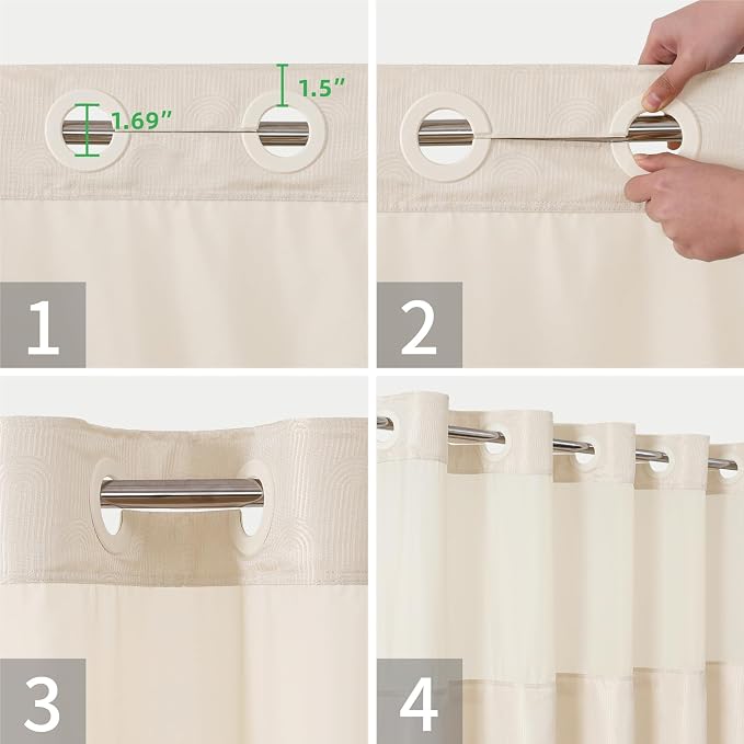 eachope No Hook Boho Arch Shower Curtain with Snap-in Liner Set,71x74,Cream | 230GSM Thick Fabric,Easy to Install,Sheer Window,Magnetic Weighted Hem,Waterproof & Machine Washable,for Bathroom,Hotel