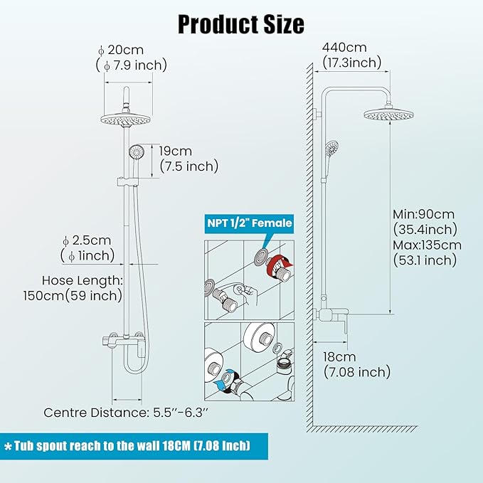 gotonovo Matte Black Exposed Shower Fixture Faucet Set Triple Function 8 Inch Rainfall Showerhead and Tub Spout Shower System Combo Unit, Multi Functional ABS Handheld