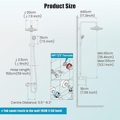 gotonovo Matte Black Exposed Shower Fixture Faucet Set Triple Function 8 Inch Rainfall Showerhead and Tub Spout Shower System Combo Unit, Multi Functional ABS Handheld