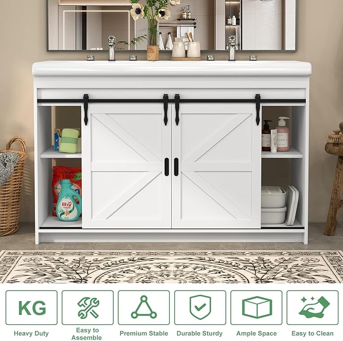 48" White Farmhouse Double Bathroom Vanity, 2 Ceramic Sinks, Freestanding with 2 Sliding Doors, 2 Drawers & Shelves, Actual 47.3" L x 19.7" W x 35.5" H