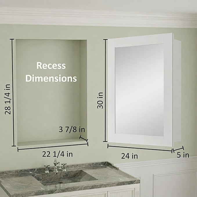 Buruis 24 x 30 Inch Bathroom Wood Medicine Cabinet Mirror, White | Fully Assembled Design, Adjustable Glass Shelves, Soft-Close Hinges, Bathroom Storage Organizer, Left/Right Opening