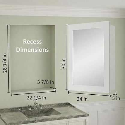 Buruis 24 x 30 Inch Bathroom Wood Medicine Cabinet Mirror, White | Fully Assembled Design, Adjustable Glass Shelves, Soft-Close Hinges, Bathroom Storage Organizer, Left/Right Opening