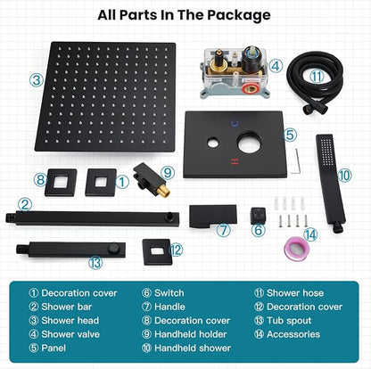 gotonovo Bathtub Shower Faucet Set, 12 Inch Shower Head, Matte Black | Wall Mounted Shower System with Tub Spout for Bathroom, Square High Pressure Rain Shower head with Handheld Spray, All Metal