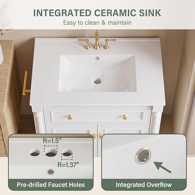 YESHOMY 30" Bathroom Vanity with Sink, Bathroom Storage Cabinet | Bathroom Vanity, Solid Wood, Integrated Ceramic Basin, 1 Flip-Down Drawer, 2 Doors & Adjustable Shelf, Milk White