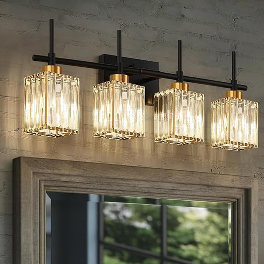 Torondo Modern Crystal Bathroom Vanity Light 4-Lights Gold Bathroom Light Fixtures Over Mirror Black and Gold Vanity Lighting Fixtures Gold Square Shade Brass Wall Sconce (Bulbs Not Include)
