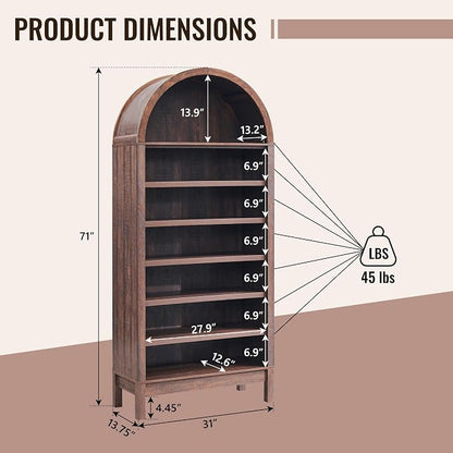 IFBUY 71" Tall Arched Bathroom Storage Cabinet, 7-Tier Modern Farmhouse Storage Cabinet with Adjustable Shelves, Wood Freestanding Cabinet for Bathroom, Living Room, Entryway, Hallway-Brown