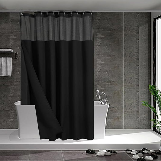 N&Y HOME Extra Long Waffle Shower Curtain with Snap-in Liner Black, 71x84 | 12 Black Hooks Included, Snap on/off Fabric Liner, Mesh Window, Washable, Hotel Style Black Shower Curtain Set for Bathroom