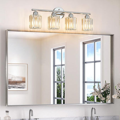Modern 4 Light Crystal Vanity Light, Chrome Vertical Bathroom Light Fixture Over Mirror for Dressing Table Sink, Compatible with Dimmable Bulbs (Bulbs Not Included)