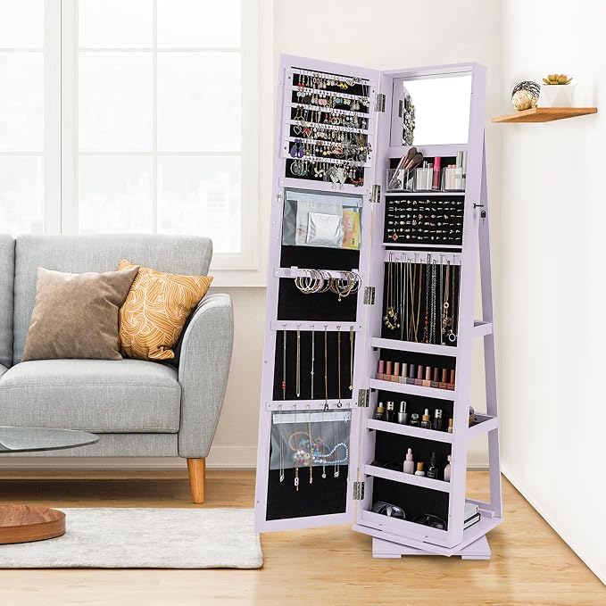 LOKO 360° Rotating Jewelry Armoire, Freestanding Jewelry Cabinet with Inside Makeup Mirror, 2-in-1 Lockable Jewelry Organizer w/Full-Length Mirror for Women (Lavender)