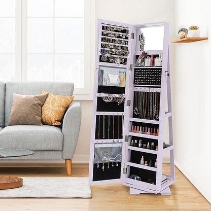 LOKO 360° Rotating Jewelry Armoire, Freestanding Jewelry Cabinet with Inside Makeup Mirror, 2-in-1 Lockable Jewelry Organizer w/Full-Length Mirror for Women (Lavender)