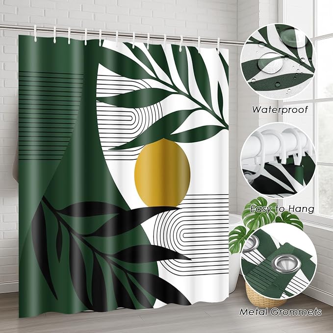 Bathroom Sets with Shower Curtain and Rugs, 4 Pcs, Boho Leaves | Minimalist Modern Abstract Bathroom Decor Set with Toilet Lid Cover, Non-Slip Bath Mats and Accessories 12 Hooks