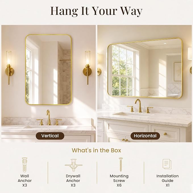 2-Pack 24x36 Inch Brushed Gold Rounded Rectangle Vanity Mirrors | Double Vanity or Two Bathrooms, Pair or Separate Use, Aluminum Frame, Slim Front Profile, Two-Way Mount
