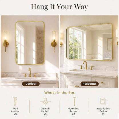 2-Pack 24x36 Inch Brushed Gold Rounded Rectangle Vanity Mirrors | Double Vanity or Two Bathrooms, Pair or Separate Use, Aluminum Frame, Slim Front Profile, Two-Way Mount