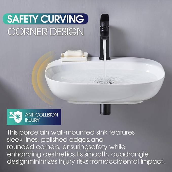 Modern Small Wall Mounted Bathroom Sink, 20.5x15 Inch White Oval Hanging Bathroom Vessel Sink, Arc-edge Ceramic Corner Wall Mount Sinks for Bath Shower Room Rvs