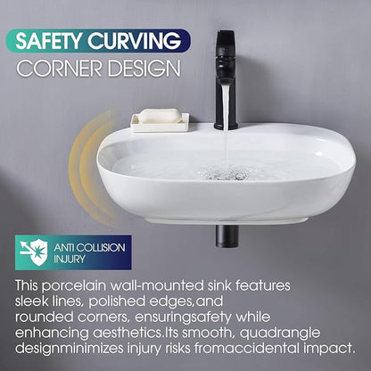 Modern Small Wall Mounted Bathroom Sink, 20.5x15 Inch White Oval Hanging Bathroom Vessel Sink, Arc-edge Ceramic Corner Wall Mount Sinks for Bath Shower Room Rvs