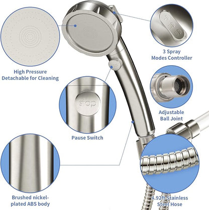SINGSUO High Pressure Handheld Shower Head, On Off Switch (Brushed Nickel) | Detachable Shower Head, 3 Spray Modes Shower Massager Handheld with Hose and Adjustable Angle Bracket