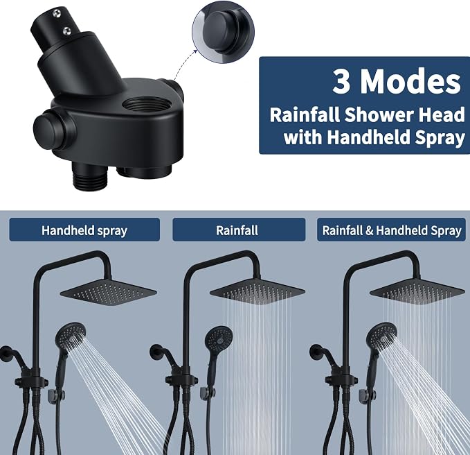 VXV 8'' High Pressure Rainfall Shower Head with 6 Function Handheld Shower Spray, Dual Shower Head Combo with Adjustable Slide Bar, Luxury Matte Black
