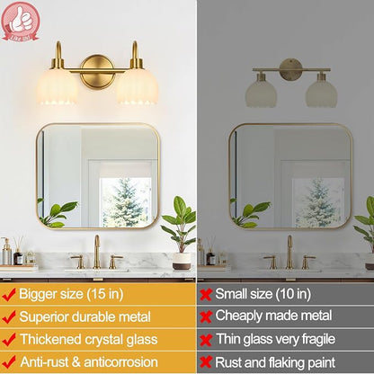 Bathroom Light Fixtures, 2-Light Gold Vanity Light Fixtures with White Tulip Glass Shades, Bathroom Lighting Fixtures Over Mirror for Bedroom, Living Room & Hallway (Bulbs Not Included)