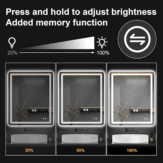LED Bathroom Vanity Mirror with Lights, 36"x30" Lighted Wall Mirror | Front and Backlit, Anti Fog, Dimmable 3 Color Lighting, Memory Function, Shatterproof Glass, Plug in or Hardwired