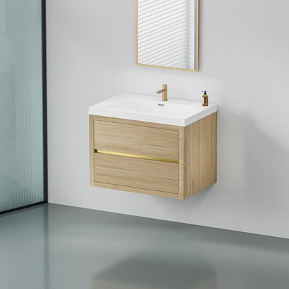 30" Floating Bathroom Vanity with Sink, Wall-Mounted Bathroom Storage Vanity Cabinet with Resin Top Basin and Soft Close Drawers, Fully Assembled, Natural Oak
