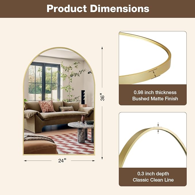 24"x36" Brushed Gold Arched Vanity Bathroom Mirror, Set of 2 | Aluminum Alloy Frame, Clear Reflection, Rust-Resistant, Vertical or Horizontal, Wall Mount, Bedroom and Entryway