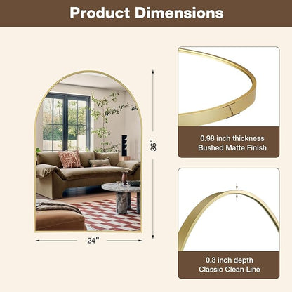 24"x36" Brushed Gold Arched Vanity Bathroom Mirror, Set of 2 | Aluminum Alloy Frame, Clear Reflection, Rust-Resistant, Vertical or Horizontal, Wall Mount, Bedroom and Entryway