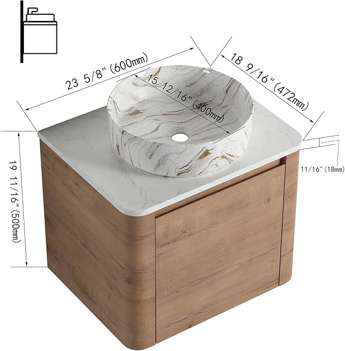 LKTART 24 Inch Floating Bathroom Vanity with Sink, Modern Wall Mounted Bathroom with Soft Close Door, White Stone Round Ceramic Basin and Sintered Stone Top