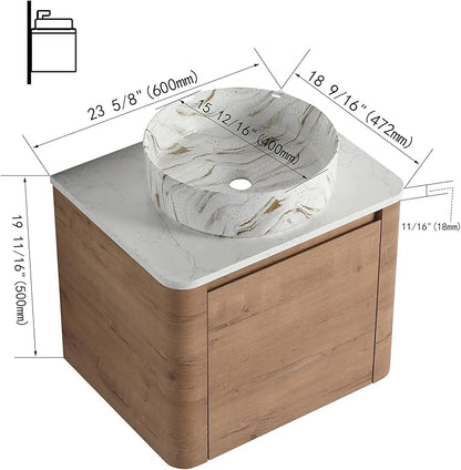 LKTART 24 Inch Floating Bathroom Vanity with Sink, Modern Wall Mounted Bathroom with Soft Close Door, White Stone Round Ceramic Basin and Sintered Stone Top