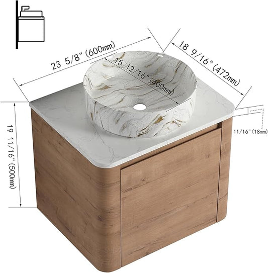 LKTART 24 Inch Floating Bathroom Vanity with Sink, Modern Wall Mounted Bathroom with Soft Close Door, White Stone Round Ceramic Basin and Sintered Stone Top