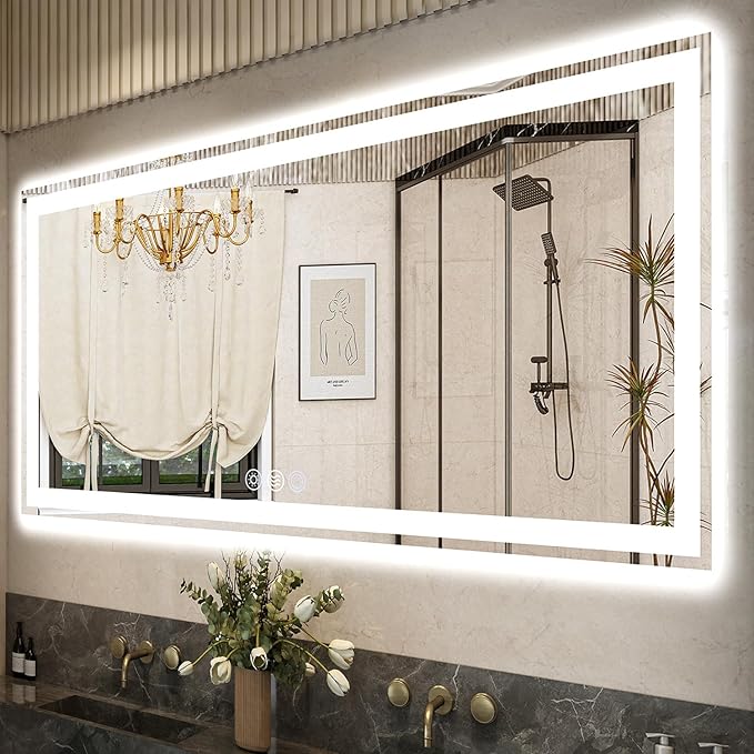 68x36 LED Bathroom Mirror, 6000LM, Separate Front and Back Lights | UL Certified,Shatter-Resistant Tempered Glass,Auto-Off Defogger,3 Color Modes,Smooth Dimming,Smart Memory Setting