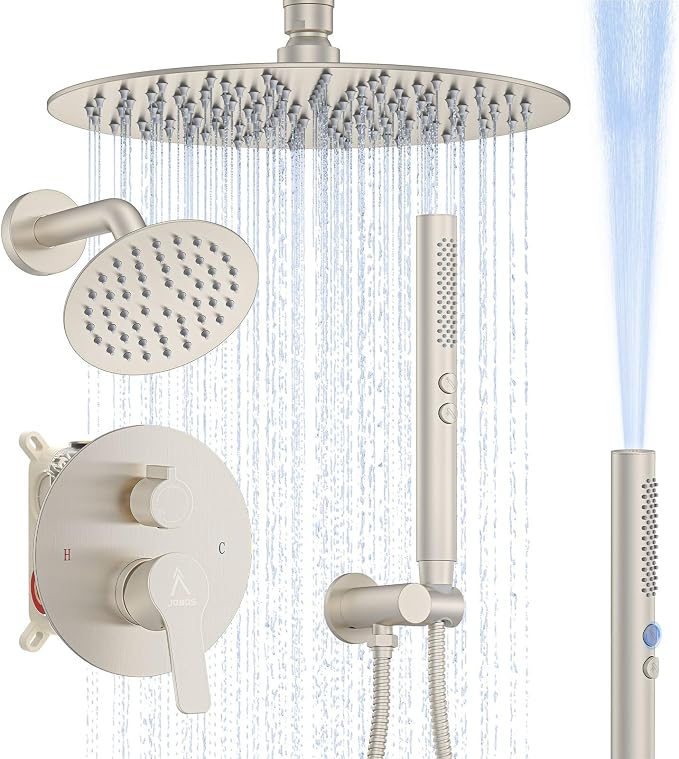 Shower System Shower Faucet Set Rainfall Shower Set with Valve 12+6" Dual Rain Shower Head with Handheld Ceiling Mount Wall Mount Shower Head Shower System, Brushed Nickel