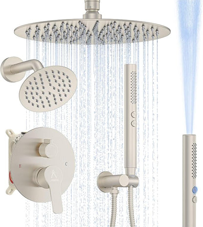 Shower System Shower Faucet Set Rainfall Shower Set with Valve 12+6" Dual Rain Shower Head with Handheld Ceiling Mount Wall Mount Shower Head Shower System, Brushed Nickel