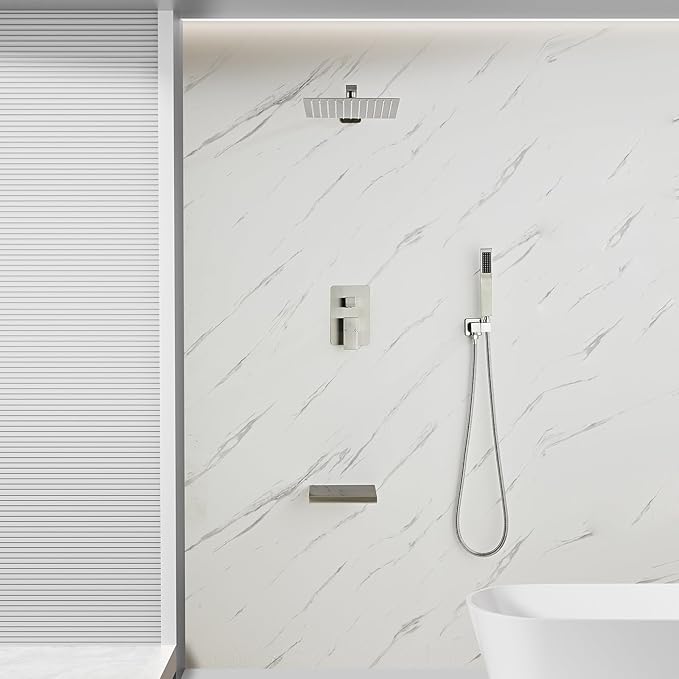 Brushed Nickel Rainfall Shower Faucet Set with Tub Spout 10 Inch, Shower Head and Handle with 2 Hooks, Rain Shower and Handheld Shower System Square Wall Mount for Bathroom