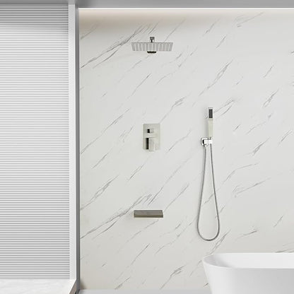 Brushed Nickel Rainfall Shower Faucet Set with Tub Spout 10 Inch, Shower Head and Handle with 2 Hooks, Rain Shower and Handheld Shower System Square Wall Mount for Bathroom