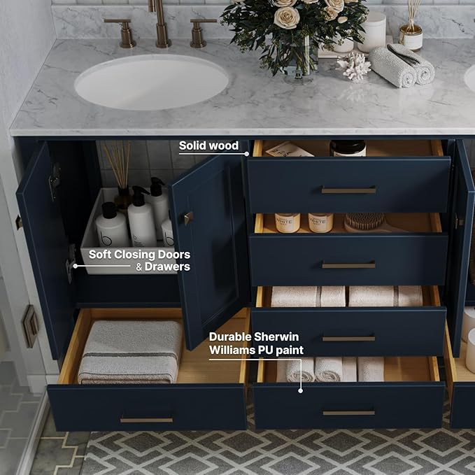 ARIEL Cambridge 66-inch Bathroom Vanity with Sink,Solid Wood, 0.75-inch Italian Carrara Marble Countertop, Double Oval Porcelain Sink, 4 Soft Closing Doors, 6 Dovetail Drawers, Midnight Blue