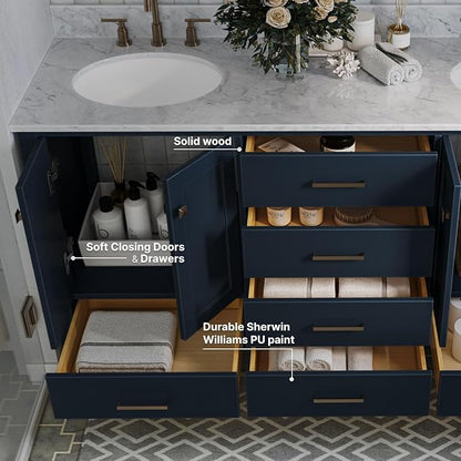 ARIEL Cambridge 66-inch Bathroom Vanity with Sink,Solid Wood, 0.75-inch Italian Carrara Marble Countertop, Double Oval Porcelain Sink, 4 Soft Closing Doors, 6 Dovetail Drawers, Midnight Blue
