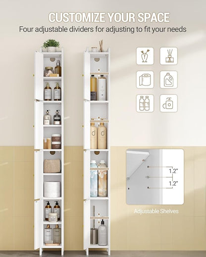 Bathroom Storage Cabinet, Tall Corner Floor Cabinet with 4 Doors and Adjustable Shelf, Narrow Toilet Paper Cabinets, Bathroom Organizer for Small Spaces, 7.9" D x 7.9" W x 70.9" H White