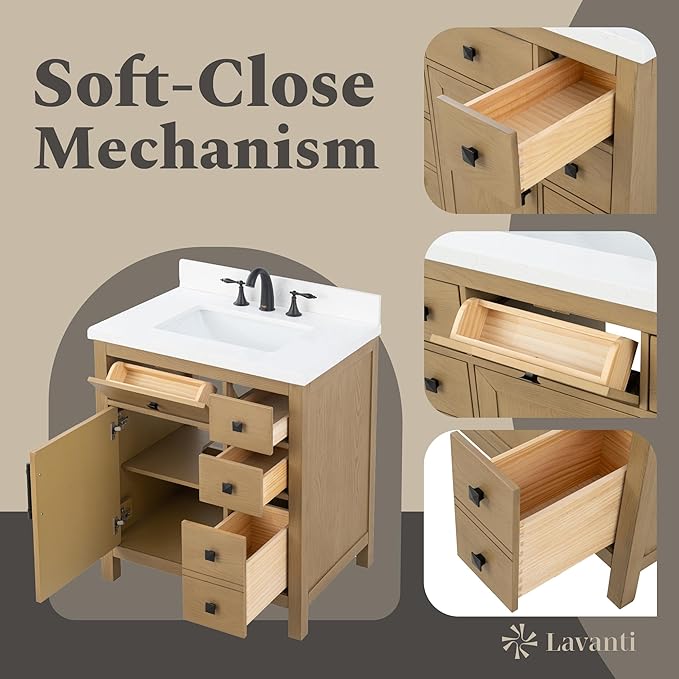 Lavanti Oakford 30 Inch Bathroom Vanity with Sink – Stylish Firwood Oak Vanity Bathroom with Storage Cabinet – Modern Bathroom Vanities with Single Vanity Sink & Quartz Countertop